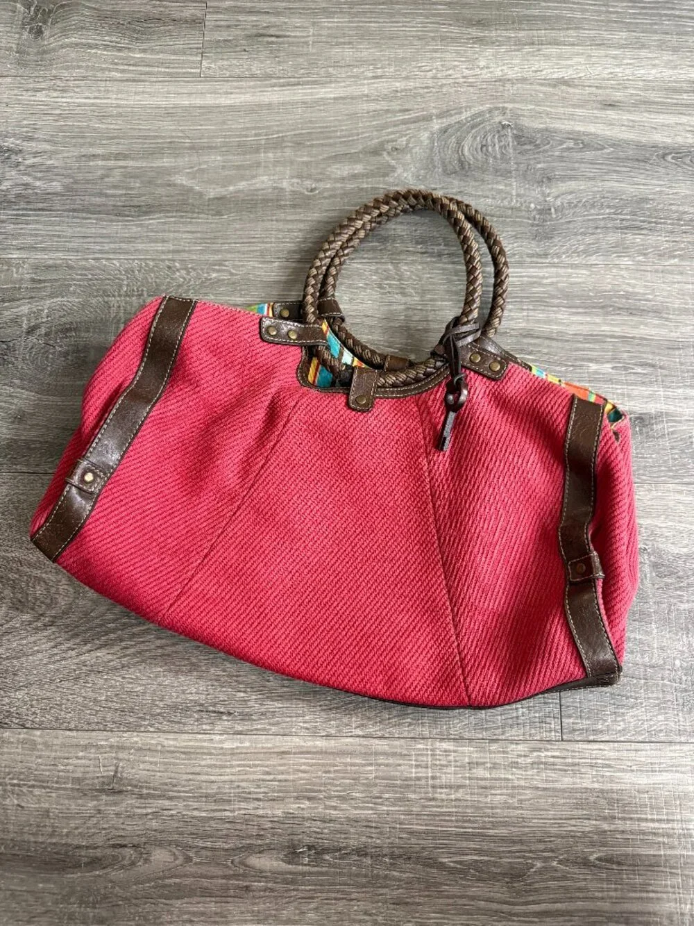 Fossil Textured Canvas Braided Leather Red Brown Hobo Purse